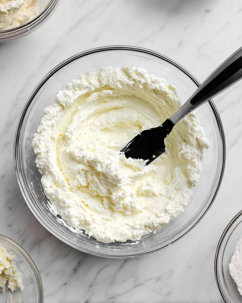 A clear glass bowl filled with a creamy white mixture that has a thick and slightly chunky texture, with a black spatula partially dipped into the mixture showing some of it clinging to the spatula's edge; the bowl is placed on a white marbled surface, with small parts of other bowls visible around the edges of the frame. photo taken with an iphone --ar 4:5 --v 7