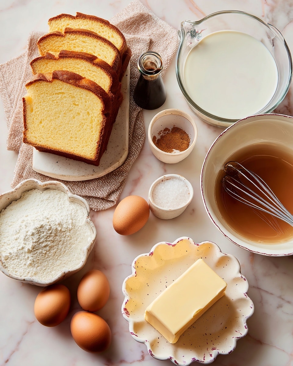 The image shows ingredients neatly arranged on a white marbled surface. On the left, there is a stack of sliced golden-yellow bread with soft texture and brown crust. Near the bread, a small dark bottle of vanilla extract stands next to a clear glass measuring cup filled with white milk. Below the milk, three brown eggs rest on a light brown textured cloth. A small white bowl with a sprinkle of salt or spice is placed near the eggs. Next to that is a larger white mixing bowl containing a brown mixture with a small metal whisk inside. At the bottom right, a white scalloped dish holds a rectangular block of pale yellow butter, which is placed inside a shallow white plate with purple and red glaze details. Photo taken with an iphone --ar 4:5 --v 7