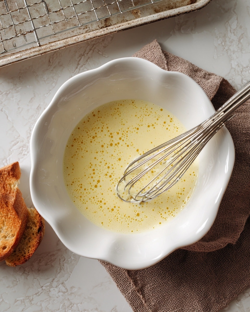 A white bowl with a scalloped edge is filled with a light yellow, frothy liquid that looks smooth with many small bubbles on the surface. A metal whisk with spiral loops sits inside the bowl on the right side, partially submerged in the liquid. The bowl rests on a white marbled surface with a brown textured cloth under the right part of the bowl. To the bottom left, there is a piece of golden-brown toasted bread partly visible. At the top of the image, a wire cooling rack with a slightly worn metal tray underneath is positioned horizontally. Photo taken with an iphone --ar 4:5 --v 7