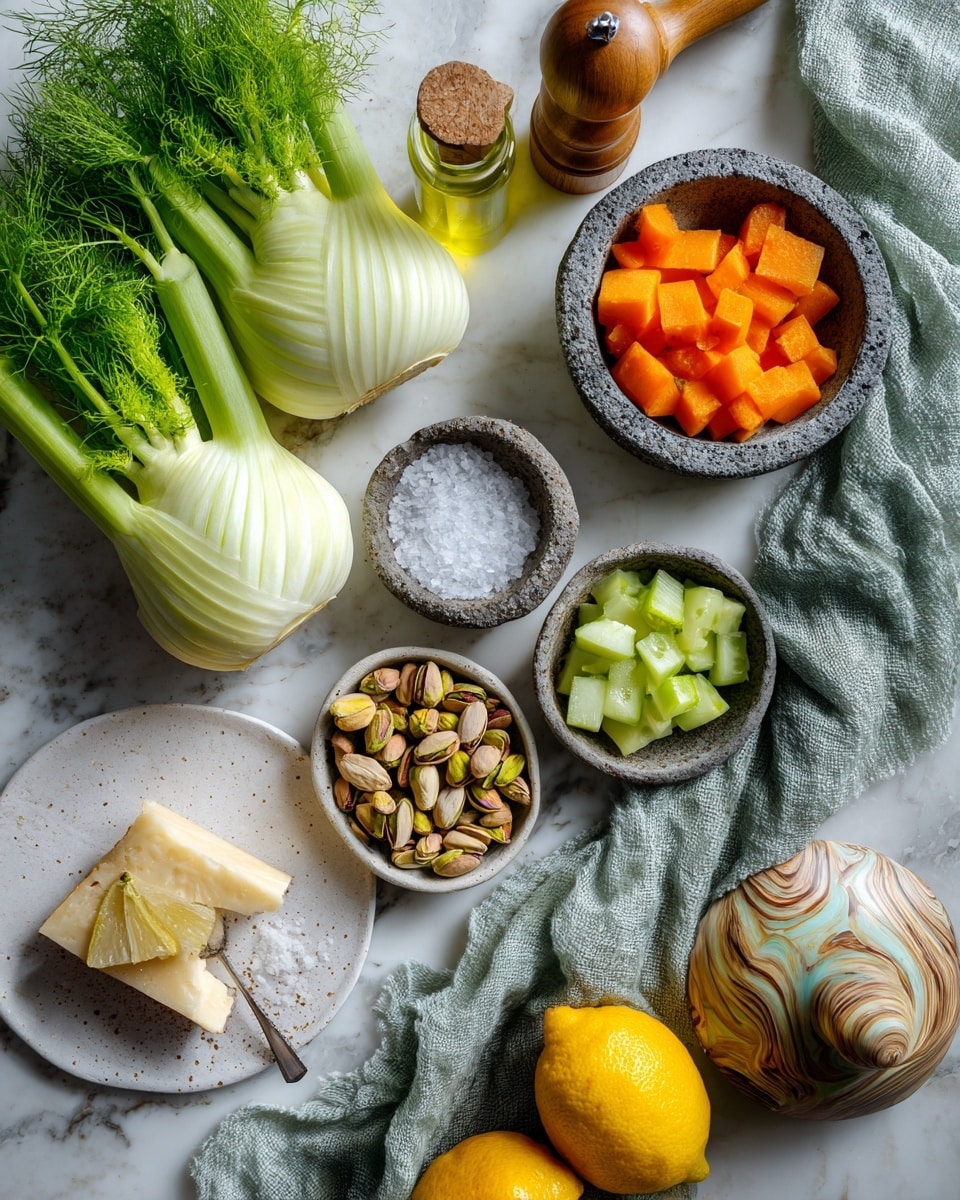 The image shows fresh ingredients arranged on a white marbled surface, including two whole fennel bulbs with bright green feathery fronds on the left side. To the right, there's a small stone bowl filled with peeled green cucumber and orange carrot chunks, next to a grayish green textured cloth. Below this bowl, there's a smaller bowl filled with pistachios. Near the bottom left, a white plate holds a triangular piece of pale yellow cheese dusted with a bit of white. At the top center, there's a wooden pepper grinder next to a green bottle of olive oil. In between these, a stone container filled with coarse white salt has a small spoon resting inside, and two bright yellow lemons sit just below it. A matching stone lid with earth-toned swirls is placed to the right of the salt container. Photo taken with an iphone --ar 4:5 --v 7