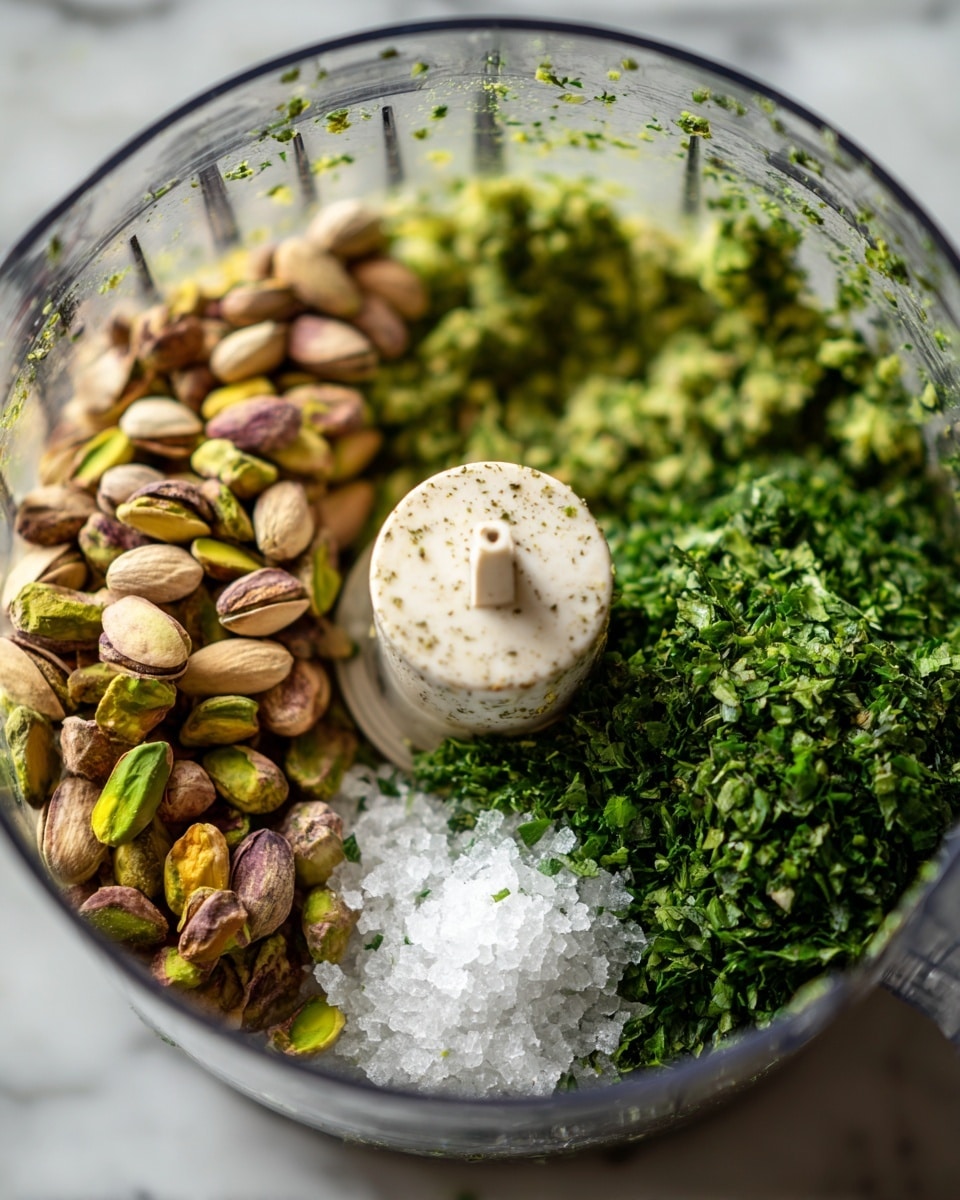 In a clear food processor bowl, there are three visible layers: at the bottom left, light brown and green pistachio nuts, to the right of them, a pile of fresh green chopped herbs, and on top of the herbs, a sprinkle of chunky white salt crystals; the food processor blade is positioned in the center. The background shows a softly blurred white marbled surface with out-of-focus items like orange carrots and yellow lemons. photo taken with an iphone --ar 4:5 --v 7