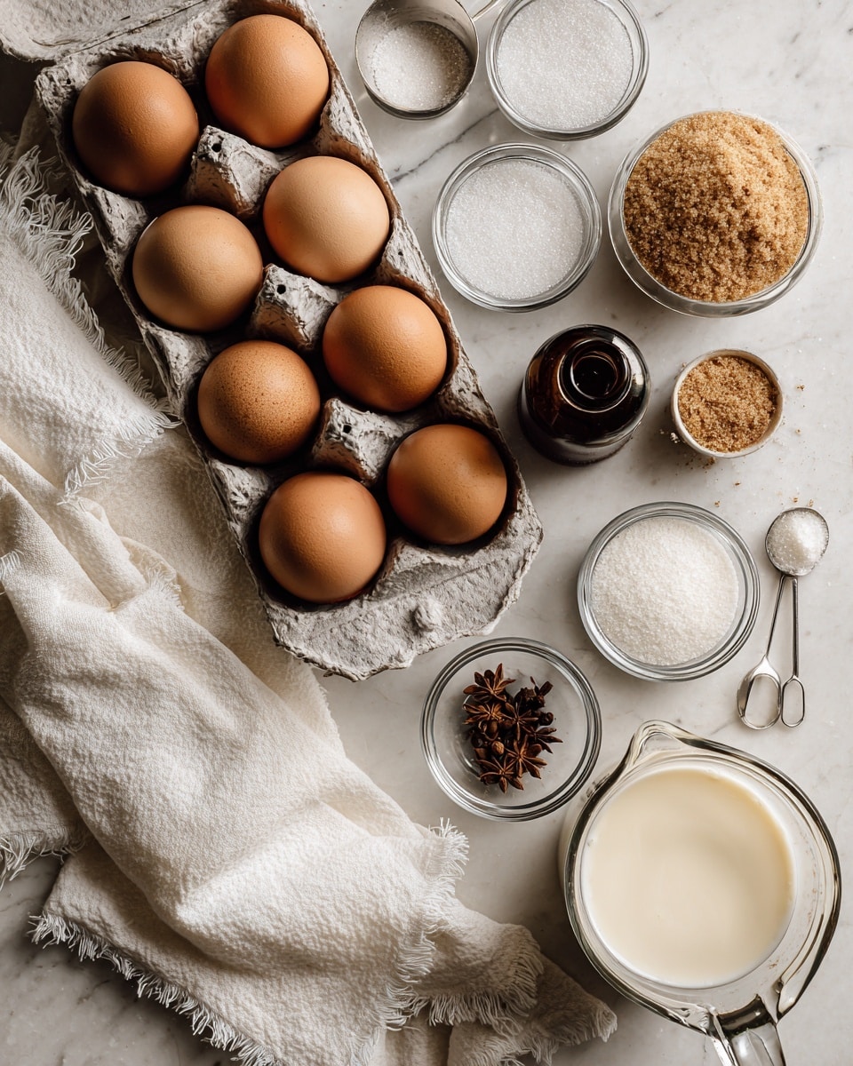 A flat lay shows a dozen brown eggs in a gray cardboard carton positioned to the left, with metal measuring cups filled with white sugar, brown sugar, and empty ones placed above and to the right of the eggs. Next to the sugars is a dark brown small bottle, and below the sugars are three small clear glass bowls holding ground spices and whole cloves. On the right side, there is a large clear glass measuring cup filled with white milk and a smaller glass bowl partly filled with a creamy white liquid. A white cloth with frayed edges is loosely placed at the bottom left corner. All items are arranged on a white marbled surface photo taken with an iphone --ar 4:5 --v 7