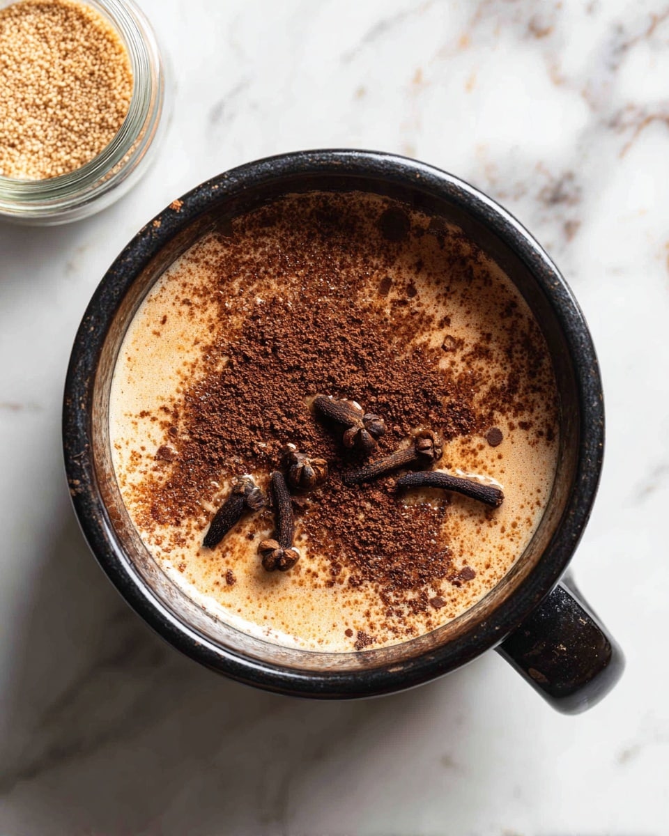 A black pot filled with a light brown liquid layer, topped with unevenly spread darker brown powder and three whole cloves placed near the center on the surface, all set on a white marbled background with a small container of light brown granules partially visible in the top left corner. photo taken with an iphone --ar 4:5 --v 7
