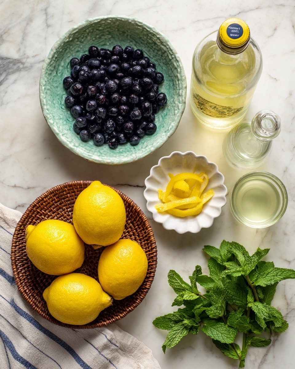 The image shows a top view of several ingredients arranged on a white marbled surface. In the top left, a large textured light green bowl is filled with dark blue blueberries. To the right, there is a clear bottle with a yellow cap and label, next to a small clear glass bottle filled with a pale yellow liquid. Below these, a small white scalloped bowl holds bright yellow lemon peels. Near the bottom left, a clear glass contains a light yellow liquid. In the bottom left corner, a round brown woven basket holds five whole bright yellow lemons. A bunch of fresh green mint leaves lies on a white and gray striped cloth on the bottom right. Photo taken with an iphone --ar 4:5 --v 7