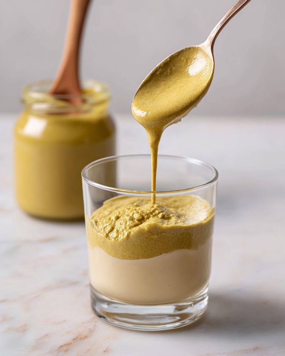 In a clear glass cup on a white marbled surface, there are two main layers of ingredients inside: a thick, grainy mustard with an olive green color on the right, and a smooth, light beige creamy sauce on the left. A spoon held above is pouring a pale yellow liquid that blends into the creamy sauce layer, adding movement and texture to the image. Behind the cup, a jar with similar olive green mustard and a wooden spoon is slightly blurred, adding depth to the picture. Photo taken with an iphone --ar 4:5 --v 7