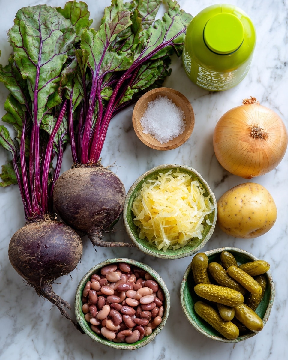 The image shows fresh ingredients placed on a white marbled surface, including four whole beetroots with dark purple skin and rich green leaves with purple veins on the left side. Above them is a green bottle with a bright green label, and next to it is a small wooden bowl filled with coarse white salt. To the right of the beetroots, there is a whole yellow onion positioned between a green ceramic bowl with light yellow shredded sauerkraut and two smooth, yellow potatoes. Below the potatoes, there is another green ceramic bowl filled with two types of beans, white and reddish-brown, arranged side by side. Above this bowl, there is a smaller green bowl holding several bumpy light green pickles. The photo was taken with an iphone --ar 4:5 --v 7