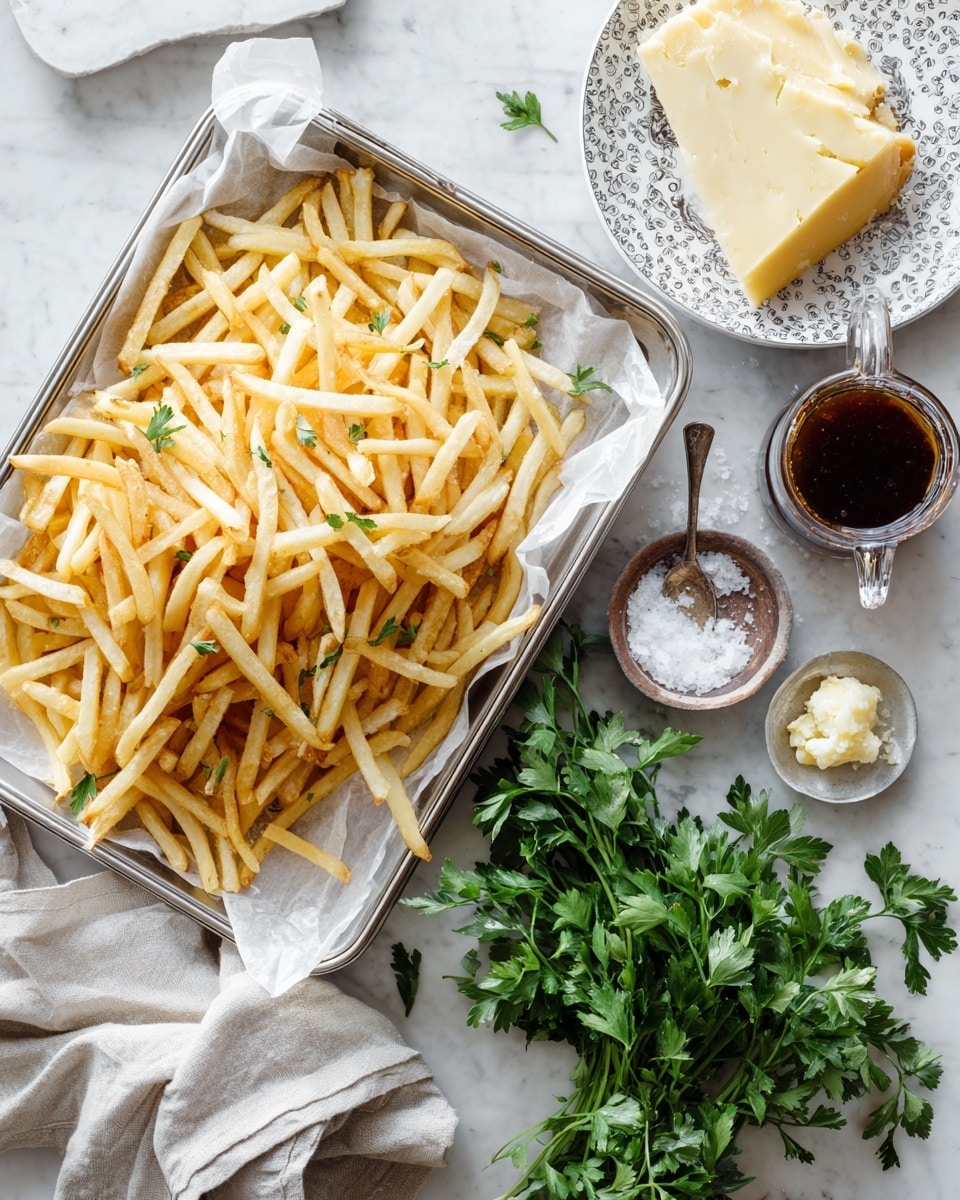 A silver baking tray lined with white paper is full of thin, golden French fries, spread unevenly. To the right side, there is a small glass jug with dark sauce and a silver spoon inside, a triangular wedge of pale yellow cheese on a white plate with a gray pattern, and a round bowl filled with coarse white salt with a tiny spoon resting inside. Below the tray, fresh green parsley adds a vibrant color contrast, and a folded light beige cloth rests beside the tray on a white marbled surface. The scene is softly lit, creating a fresh and clean look. photo taken with an iphone --ar 4:5 --v 7