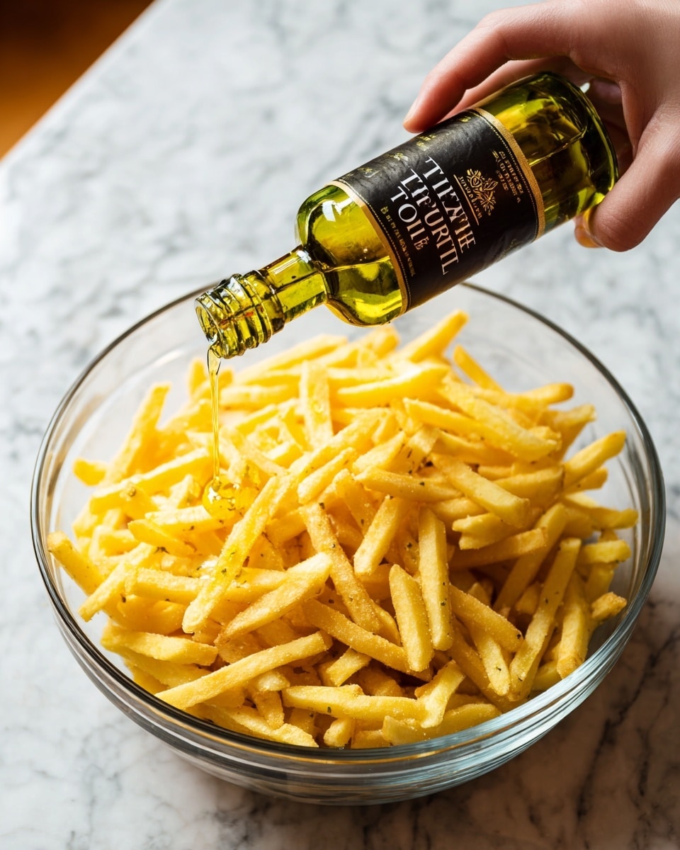 A clear glass bowl filled with a large pile of bright yellow fries sits on a white marbled surface. A woman's hand holds a small greenish glass bottle labeled
