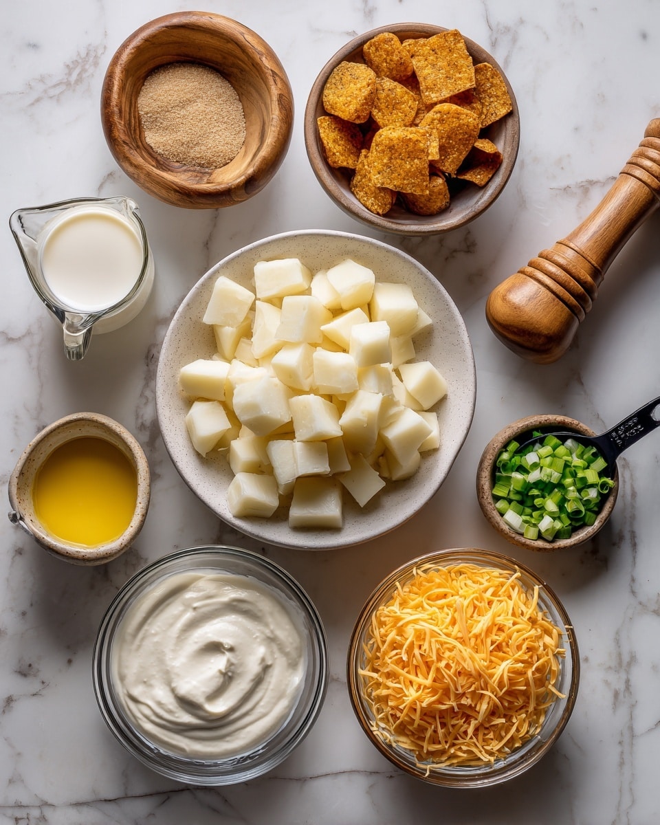 The image shows several ingredients arranged on a white marbled surface. There is a large white bowl filled with small white potato cubes in the center. Around it are smaller containers: a wooden bowl with coarse salt, a glass measuring cup with creamy sauce, a glass measuring cup with milk, a ceramic bowl with crushed golden-brown chips, a glass bowl of white thick sour cream, a small glass bowl with melted yellow butter, a white bowl with shredded orange cheddar cheese, and a black measuring spoon holding chopped green onions with a wooden handle. A wooden pepper grinder is also visible near the salt. Photo taken with an iphone --ar 4:5 --v 7