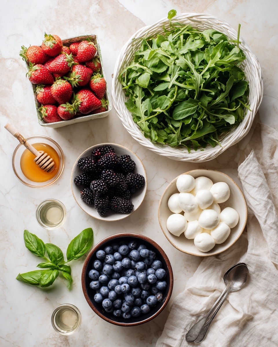 A collection of fresh ingredients arranged on a white marbled surface includes a large glass bowl filled with a heap of green arugula leaves on the top right, a white basket full of bright red strawberries with green caps on the top left, and three small white ceramic bowls below—one filled with dark blackberries on the top right, another with smooth white mozzarella balls on the bottom right, and a brown-rimmed black bowl holding plump blue blueberries in the middle. Fresh green basil and mint stems lie on the left side, next to small clear glass cups holding a silver spoon and honey with a honey dipper resting inside. A white cloth with a soft texture is placed at the bottom right corner. Photo taken with an iphone --ar 4:5 --v 7