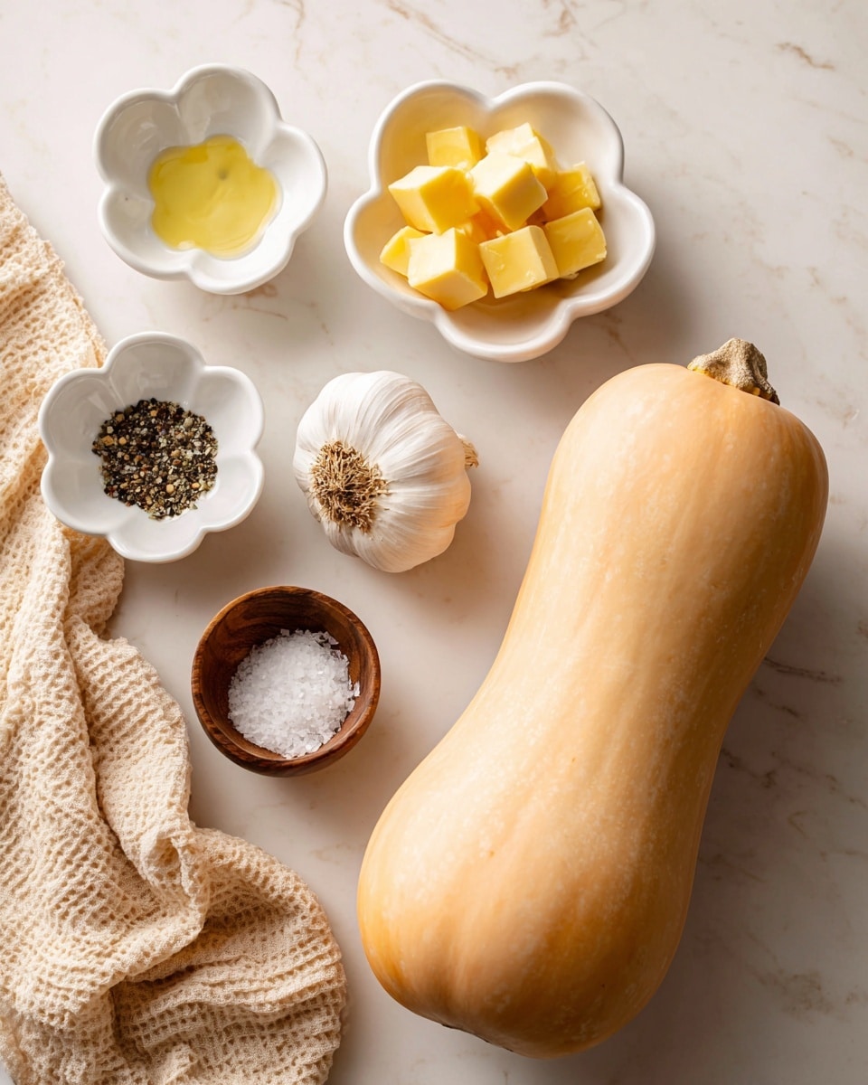 A whole butternut squash with a smooth, light orange skin is placed on the right side of a white marbled surface. To the left, there are four small white flower-shaped bowls each holding different ingredients: one with yellow butter cubes, one with black pepper, one with a small amount of pale yellow liquid, and one with white salt in a small brown wooden bowl nearby. A whole bulb of white garlic is centered between the bowls and the squash. A beige waffle-textured cloth lies softly in the bottom left corner. Photo taken with an iphone --ar 4:5 --v 7