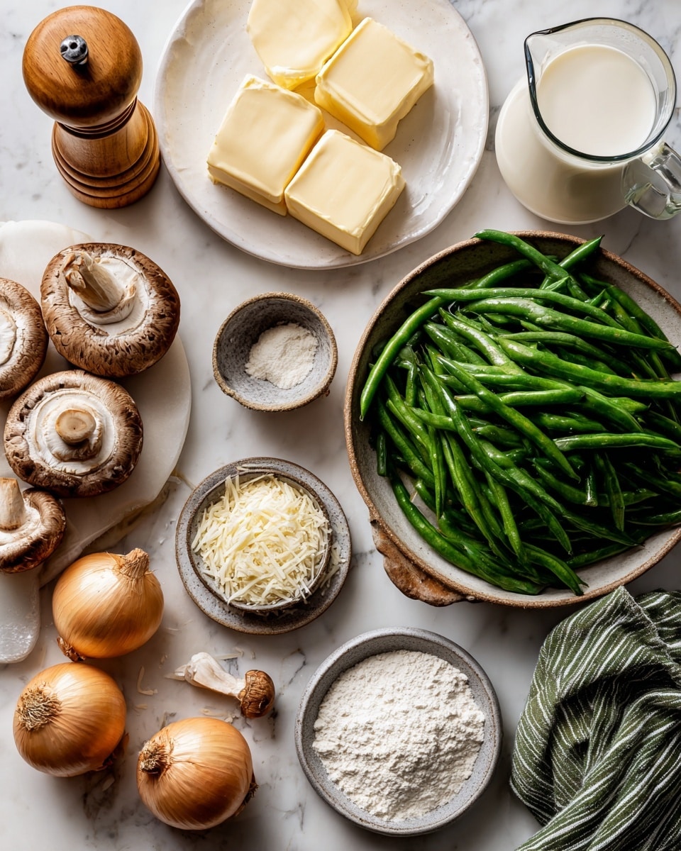 A top-down view of fresh ingredients arranged on a white marbled surface includes a large bowl of bright green beans positioned near the top right, surrounded by three golden brown shallots on the bottom left, and several light brown mushrooms resting on a green striped cloth in the bottom right corner. Near the mushrooms, a clear glass measuring jug filled with white milk sits to the upper right. A white plate with two blocks of yellow butter is near the center left, with a small wooden bowl of coarse salt above it, and a tall wooden pepper grinder to the top left. In the middle are two small ceramic bowls, one filled with white flour and the other with salt, along with a small bowl of grated Parmesan cheese, a single peeled garlic clove, and a piece of nutmeg on a tiny gray plate. The rustic and fresh ingredients create a clean, bright cooking scene photo taken with an iphone --ar 4:5 --v 7