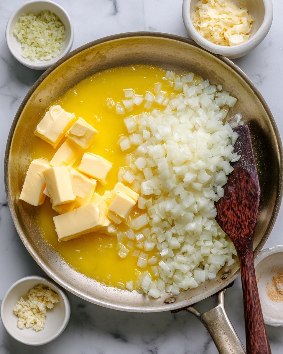 The image shows a silver pan with a shiny surface filled with a melting yellow butter layer at the bottom, topped with a thick chunk of butter on the left side and a pile of small white onion cubes on the right side. A dark wooden spatula rests inside the pan on the right edge, touching the onions. Around the pan, there are small white ceramic bowls, one filled with bright green beans at the top and another with minced garlic at the bottom left. The entire setup is on a white marbled surface. Photo taken with an iphone --ar 4:5 --v 7