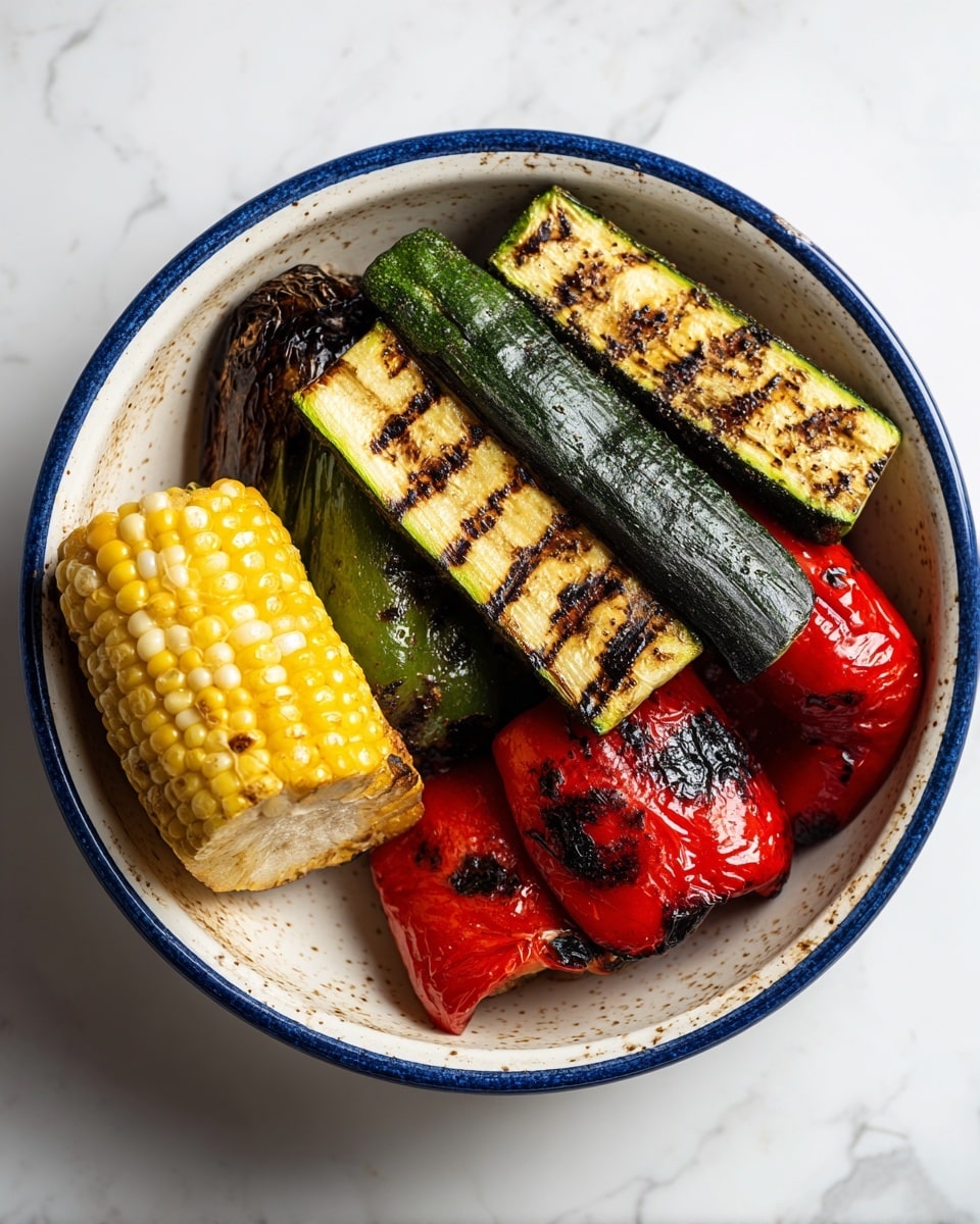 A white bowl with a blue edge holds five grilled vegetables. At the bottom left, there is a half yellow and white corn cob with some black grill marks. Above it, on the left side, lies a dark green pepper with blackened parts. In the center and right, there are several rectangular zucchini slices with dark grill lines, stacked and leaning on each other. Two large red pepper pieces with charred spots are placed near the zucchini, one near the top center and the other on the right side. The inside of the bowl shows brown grill stains around the vegetables. The bowl sits on a white marbled surface. photo taken with an iphone --ar 4:5 --v 7