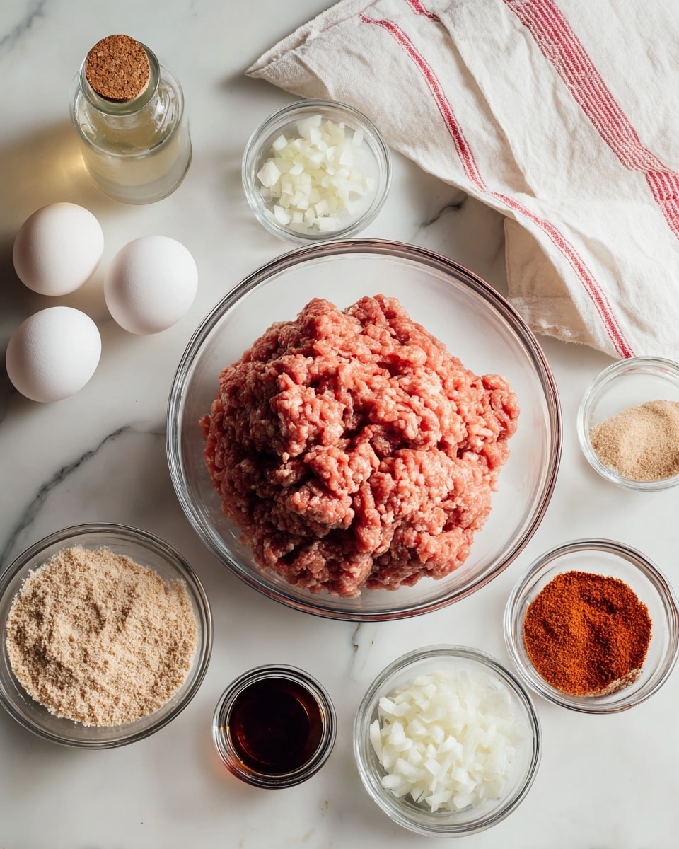 A large clear bowl filled with a mound of raw ground meat sits in the center on a white marbled surface. Around it are smaller clear bowls: one with white chopped onions on the upper right, one with reddish brown spice powder below it, one with light brown breadcrumbs to the left, and a small clear cup containing a dark liquid in front of the breadcrumbs. To the left of the large bowl are two white eggs positioned side by side. A glass bottle with a cork is placed behind the large bowl and a white cloth with red stripes is folded loosely on the right background. photo taken with an iphone --ar 4:5 --v 7