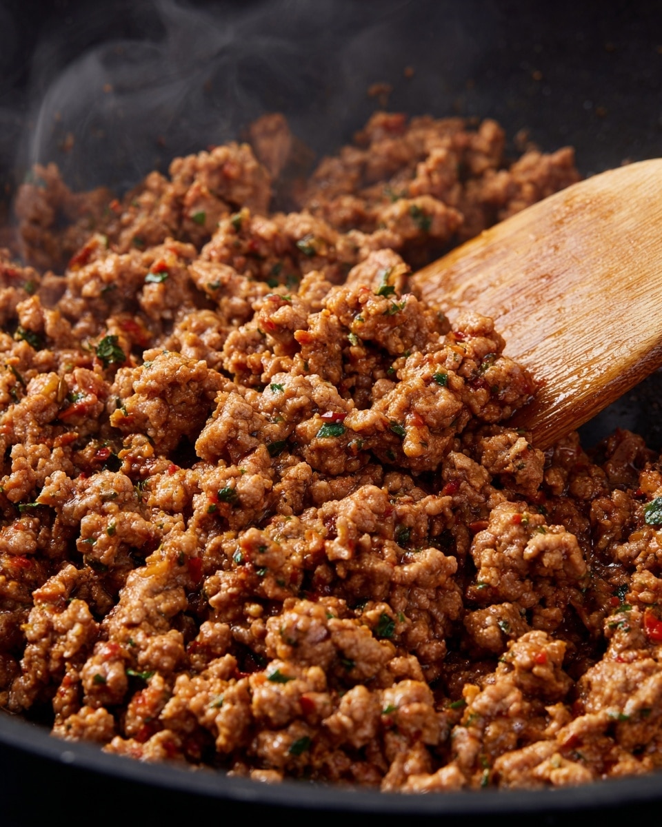 The image shows one layer of brown cooked ground meat with small bits of herbs and spices mixed in. The meat is crumbly with some moist parts and slight steam rising. A wooden spatula is stirring the meat inside a black pan, visible only on the edges. The texture of the meat looks soft and chunky, with some areas glistening from juice or oil. The background is not clearly visible but assumed plain. photo taken with an iphone --ar 4:5 --v 7