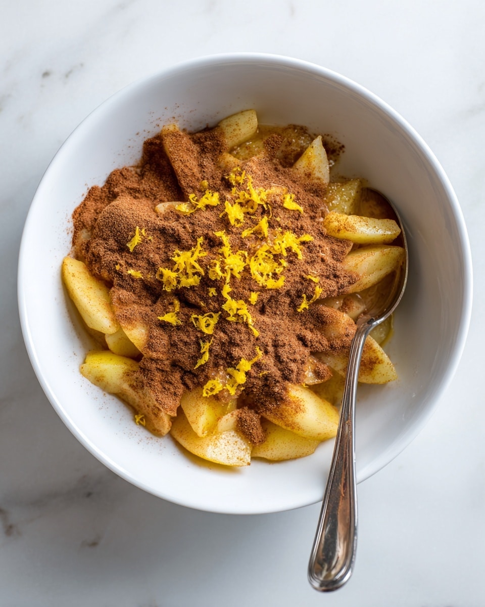 A white bowl holds a dish with three main layers. The bottom layer is made of soft, yellowish cooked apple slices. On top of the apples is a thick layer of brown cinnamon powder that covers most of the fruit. The top layer has small bright yellow lemon zest pieces scattered across the cinnamon. A shiny silver spoon is partially dipped on the right side of the bowl. The bowl is placed on a white marbled surface. Photo taken with an iphone --ar 4:5 --v 7