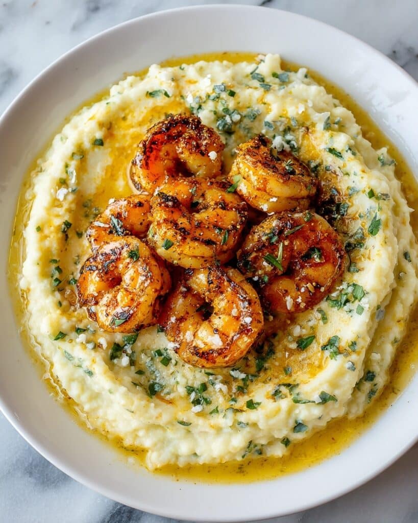 Shrimp with Mashed Potatoes in Parmesan Basil Cream Sauce Recipe