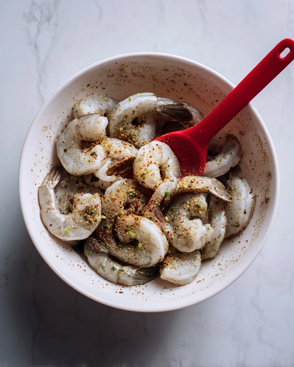 A white bowl with raw shrimp inside, each shrimp is light gray with a slight shine, covered in light brown and green spices scattered all over. There is a red spatula resting on the inside edge of the bowl. The bowl sits on a white marbled surface. photo taken with an iphone --ar 4:5 --v 7