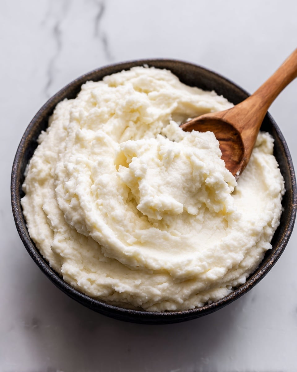 A close-up view of a dark bowl filled with thick, white mashed potatoes that have a smooth and slightly fluffy texture. A wooden spoon is partially buried in the mashed potatoes, with some of the mix sticking to the spoon and sides of the bowl. The bowl sits on a white marbled surface, and no other items are visible in the frame. photo taken with an iphone --ar 4:5 --v 7