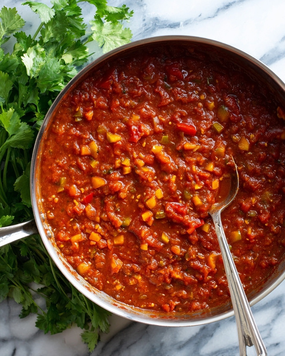 A close-up top view of a stainless steel pan filled with thick tomato-based sauce, showing a chunky texture with small pieces of red, orange, and yellow vegetables mixed throughout. A large metal spoon rests inside the pan on the right side, dipping slightly into the sauce. The pan is placed on a white marbled surface with a bunch of green cilantro leaves to the upper left of the pan. The sauce has a rich, deep red color with visible bits of diced vegetables, giving it a hearty and rustic look. photo taken with an iphone --ar 4:5 --v 7