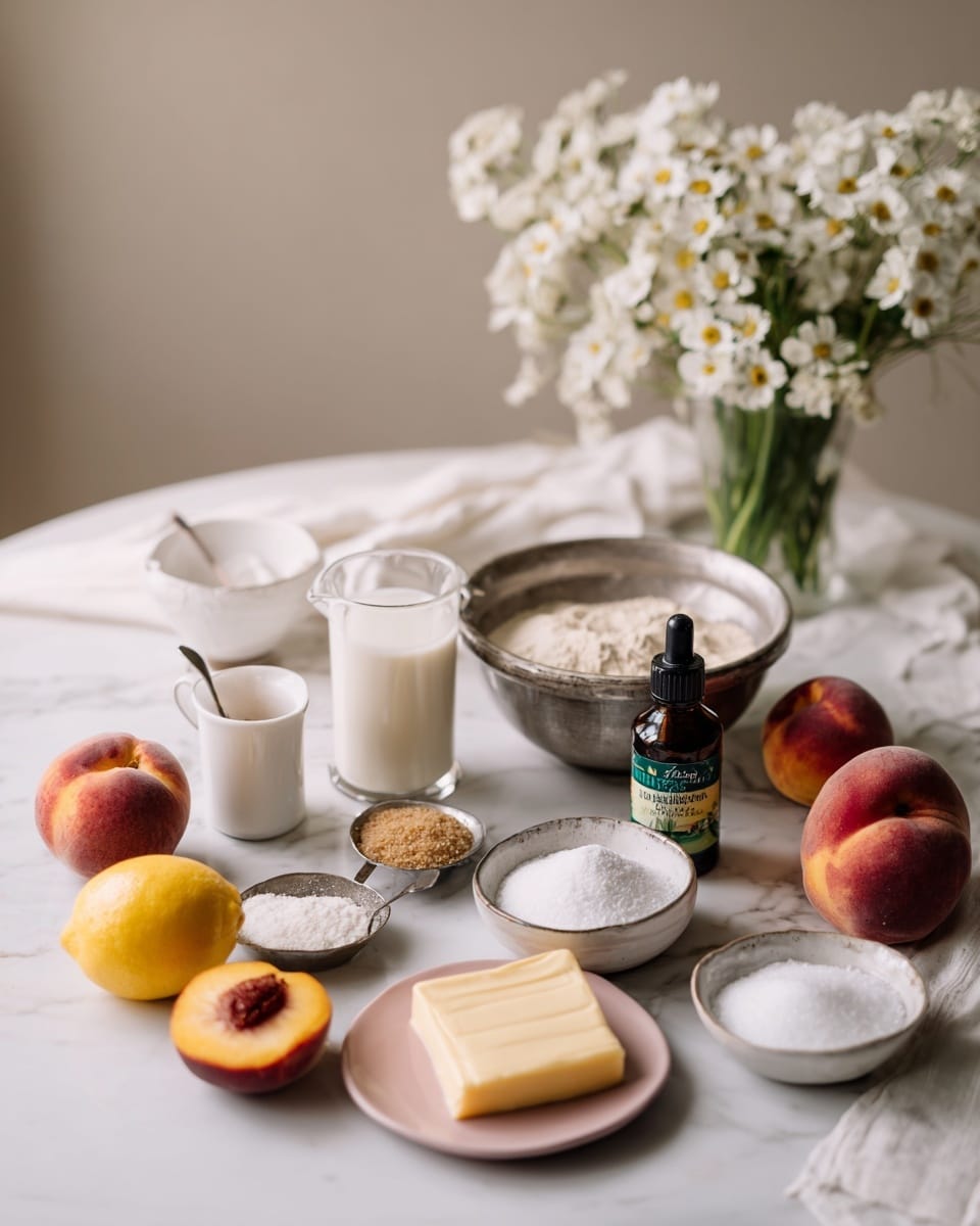 The image shows a white marbled countertop with various baking ingredients arranged neatly in a single row. From left to right, there is a white measuring cup with sugar, a metal measuring cup with brown sugar, a white bowl with a powdery mixture, a glass measuring cup filled with milk, a small pink plate holding a light yellow block of butter, and a glass bottle with dark vanilla extract labeled in green. Next to these are three whole ripe peaches in orange-red color, a small clear bowl with white powder, a gray rustic bowl filled with white granulated sugar, half a lemon with a bright yellow color, another group of six whole peaches, and another small clear bowl with a white powder. Behind these ingredients is a silver metal mixing bowl and, in the background, a round table covered with a white cloth holding a white vase filled with white flowers. Photo taken with an iphone --ar 4:5 --v 7