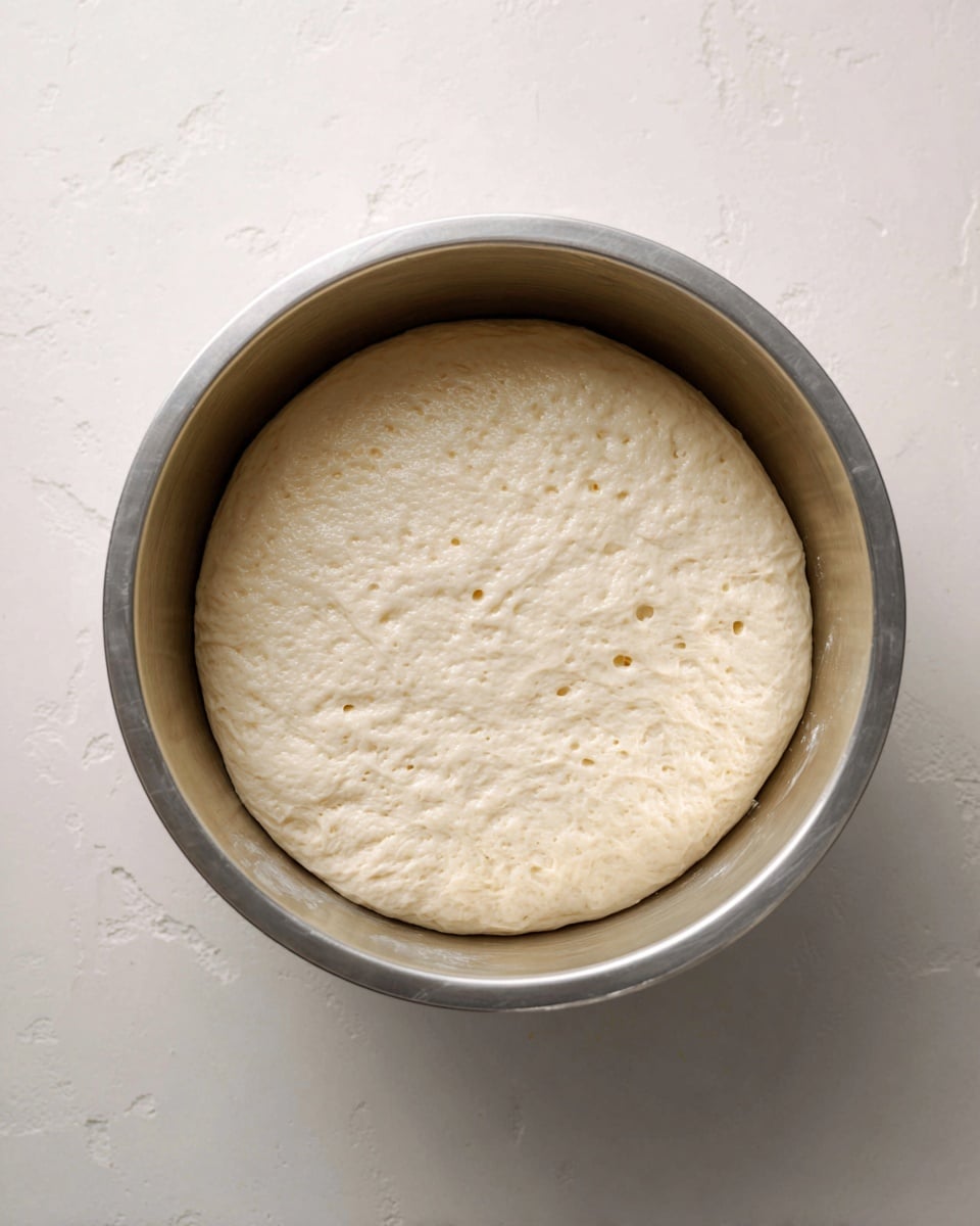 A single layer of smooth, pale dough sits inside a large stainless steel bowl. The dough is round and slightly puffy with a soft texture, showing small air bubbles on its light cream surface. The bowl is placed on a clean white marbled surface, which contrasts with the shiny, reflective metal of the bowl. The image is simple, focusing only on the dough inside the bowl. photo taken with an iphone --ar 4:5 --v 7