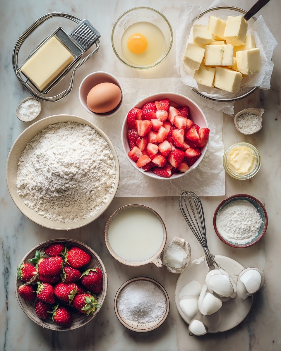 A clear glass bowl sitting on a white marbled surface holds a mixture with two layers: the bottom layer is white flour with a powdery texture, and the top layer consists of small, bright red diced strawberries scattered unevenly on the flour. The bowl is shown from above, focusing on the contrast between the pale flour and the vibrant strawberries. In the corner, part of a white measuring cup with red markings is visible. photo taken with an iphone --ar 4:5 --v 7