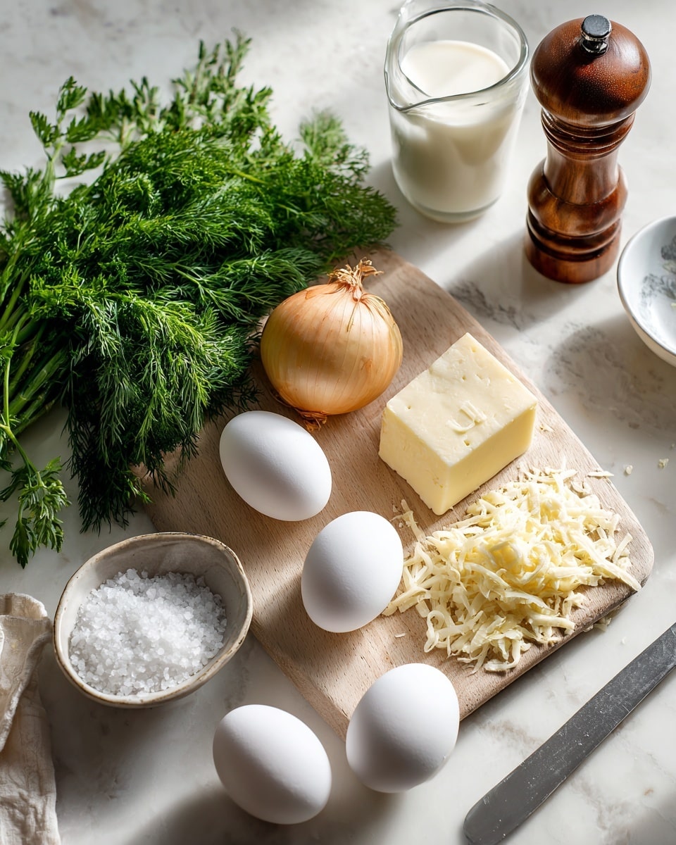 The image shows a white marbled surface with five white eggs scattered around a light wooden cutting board. On the board, there is a whole shallot bulb and a block of pale yellow cheese with some cheese shredded next to it. To the left of the board, there is a bunch of fresh green dill and parsley with bright green leaves. Nearby, there is a small ceramic bowl filled with coarse salt, a stainless steel knife, a clear glass measuring cup holding cream, and a wooden pepper grinder with a dark top. Soft natural light creates gentle shadows around the items creating a calm kitchen atmosphere photo taken with an iphone --ar 4:5 --v 7