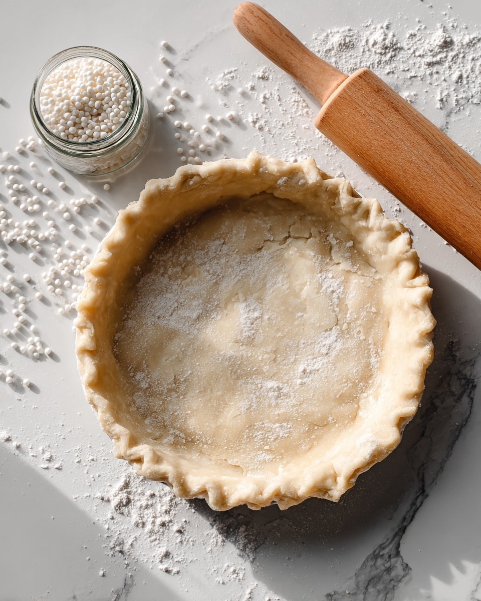 A round pie crust with a thick, uneven edge sits centered on a white marbled surface, giving it a soft beige color and doughy texture. Scattered small white baking beads lie to the upper left along with a glass jar filled with more of these round beads behind the crust. To the upper right, a wooden rolling pin rests on the same white marble background. Soft shadows fall diagonally across the scene, highlighting the texture of the dough and the smooth, round beads. photo taken with an iphone --ar 4:5 --v 7