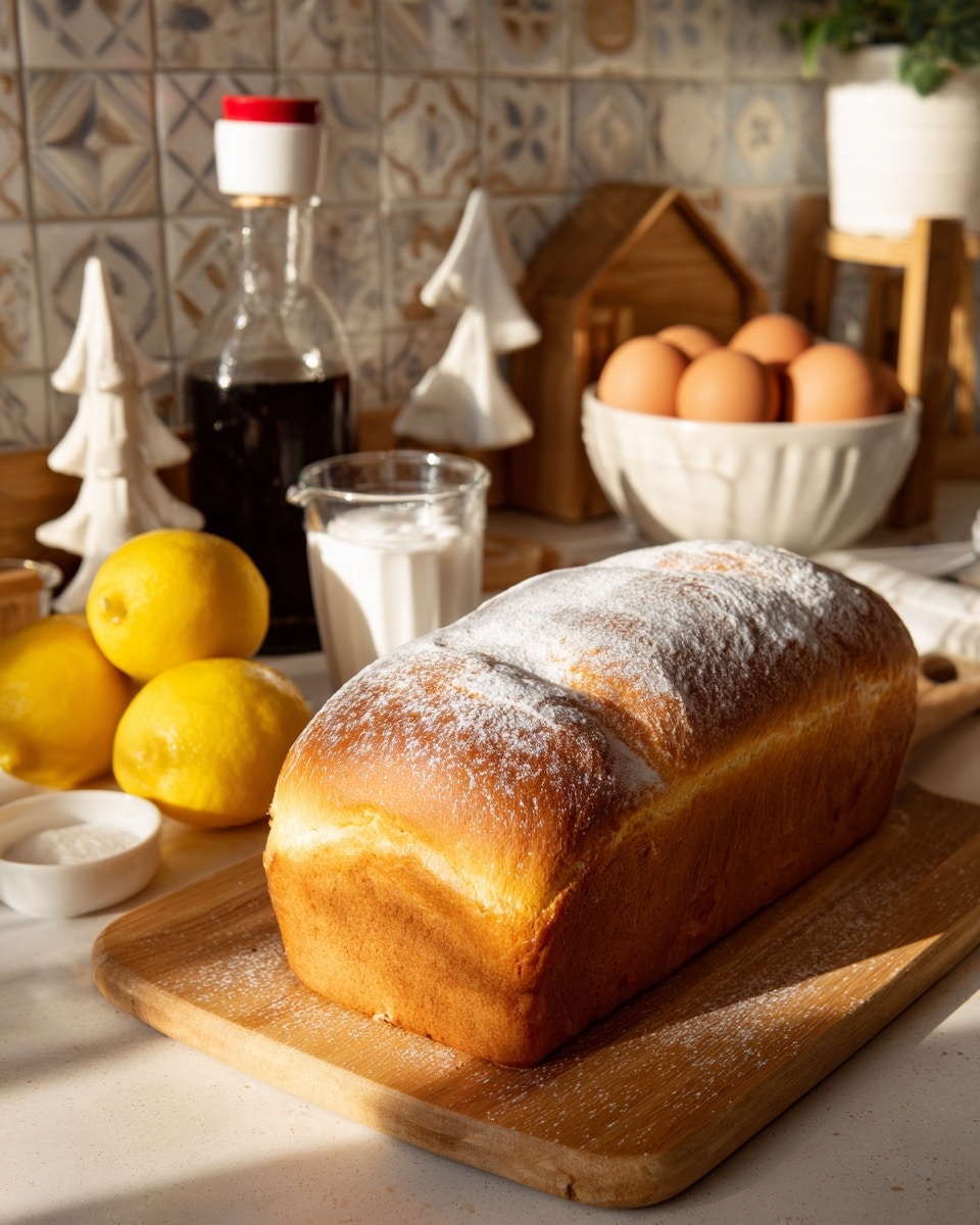 A loaf of golden brown bread with a soft, slightly wrinkled top sits on a light wooden board that contrasts with the white marbled texture underneath. Behind the bread, there are two bright yellow lemons, and a clear glass bottle with dark liquid inside and a white cap with a red ring on the side. To the right, a white bowl holds six brown eggs with smooth shells, while on the left, a white measuring cup filled with white sugar rests near a glass Pyrex measuring cup. Small golden and white decorative objects shaped like trees and a house add warmth to the background tiles. Sunlight casts soft shadows and highlights parts of the bread and other items on the board. Photo taken with an iphone --ar 4:5 --v 7