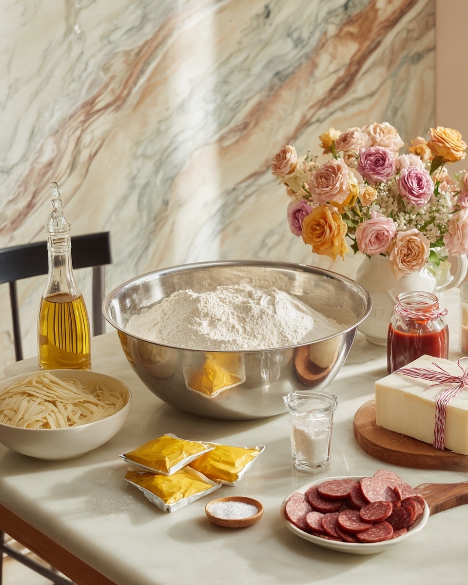 In the image, a large steel mixing bowl is placed centrally on a white marbled countertop, filled partially with white flour. To the left of the bowl, there is a white bowl filled with pale, thin noodle strips, next to a clear glass bottle with a narrow neck containing golden oil. In front of the bowl, there are three yellow yeast packets and a small round wooden dish holding white salt. To the right side on the counter, there is a white plate holding slices of reddish-brown sausage, a glass measuring cup filled with clear liquid, a jar of red sauce, and a white block of cheese wrapped with red and white string. The background shows a round table with a floral arrangement of pink and orange roses in a white vase and a black chair behind it. The surface behind the counter also has the same white marbled texture. photo taken with an iphone --ar 4:5 --v 7