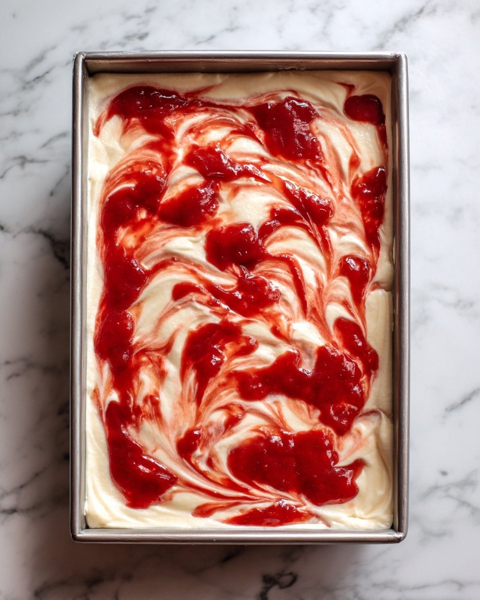 A rectangular metal pan filled with one visible thick layer of creamy white mixture with a smooth and slightly textured surface, topped with a bright red, chunky tomato sauce spread unevenly over it, giving a swirled pattern of red on white below. The pan is set on a white marbled surface. photo taken with an iphone --ar 4:5 --v 7