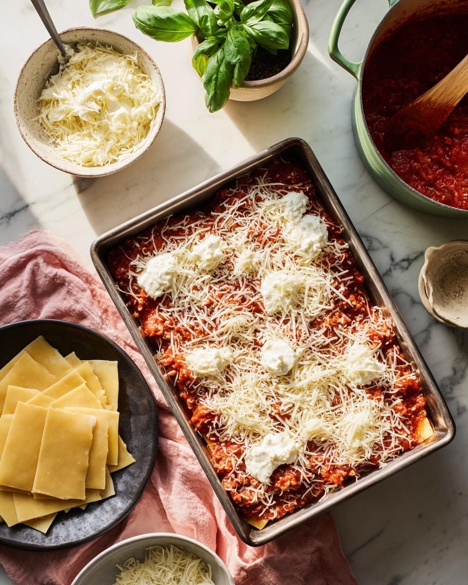 A metal rectangular baking pan filled with one layer of cooked tomato meat sauce topped with shredded white cheese and dollops of soft white ricotta cheese. To its top right, there is a green pot with more tomato meat sauce and a wooden spoon inside. Below the baking pan, a black bowl holds several flat, square yellow pasta sheets. To the top left of the baking pan, a white bowl with soft white ricotta cheese and a spoon inside sits on a white marbled surface. A small empty round white bowl is next to it, resting on a pink cloth. Fresh green basil leaves are visible in a small pot near the top center. The photo has natural light and a casual kitchen preparation feel photo taken with an iphone --ar 4:5 --v 7