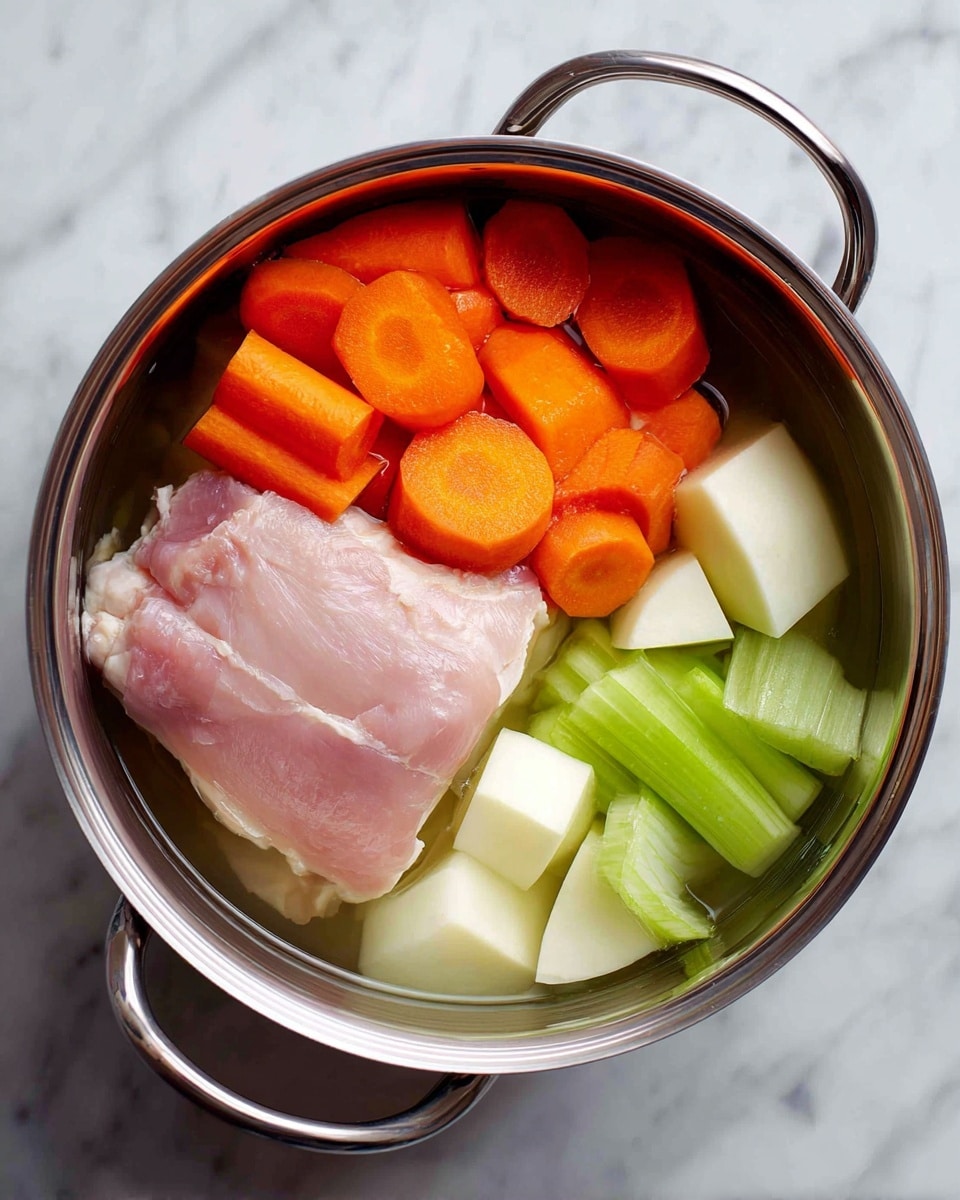 A silver pot filled with water holds four main layers of ingredients. The top layer has bright orange carrot pieces sliced thick and uneven. Below the carrots is a large pale pink piece of raw chicken, taking up most of the pot’s center. At the bottom right, there are light green celery pieces with some white parts, sliced into chunky strips. Next to the celery, there are pale white root vegetable chunks close to the chicken. The entire pot is set on a white marbled surface. photo taken with an iphone --ar 4:5 --v 7