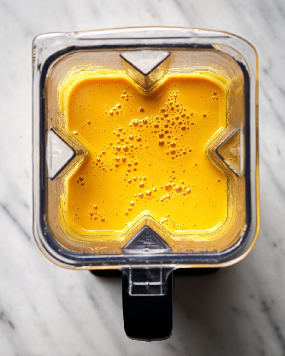 A clear blender container filled with smooth, thick, bright yellow-orange liquid showing small bubbles on the surface and some splashes around the inside edges. The blender is placed on a white marbled surface, and the whole scene is viewed from above. The clear plastic and black details of the blender contrast with the creamy texture of the mixture inside photo taken with an iphone --ar 4:5 --v 7