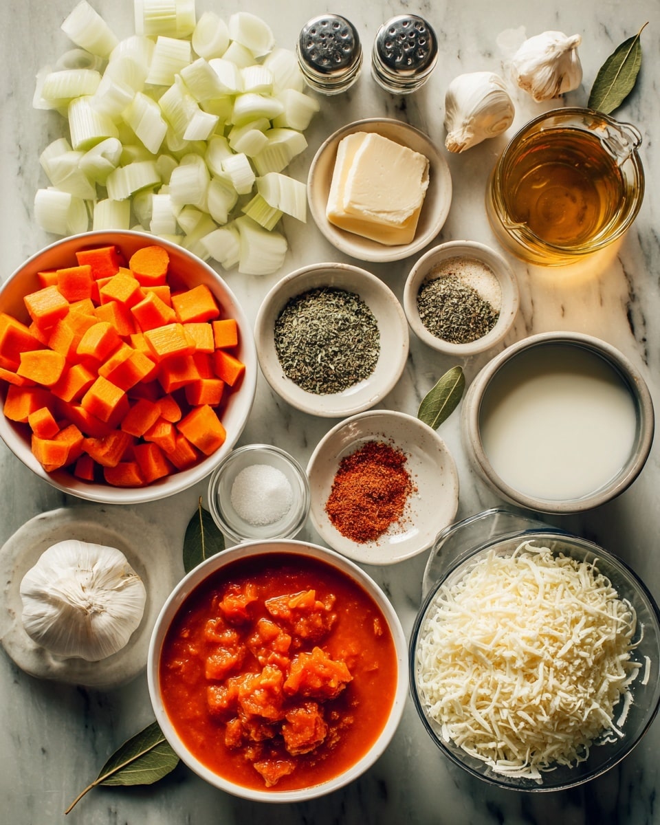 A close-up view of a large white pot filled with thick tomato soup, showing a rich orange-red base with visible small black herb specks and pieces of tomato. Cream is being poured in from the top right corner, creating a smooth white swirl on the surface of the soup. The pot sits on a white marbled surface with a few green basil leaves nearby. The interior of the pot has light brown stains showing signs of use. The image highlights the textures of the creamy soup and herbs, with bright natural light enhancing the colors. Photo taken with an iphone --ar 4:5 --v 7