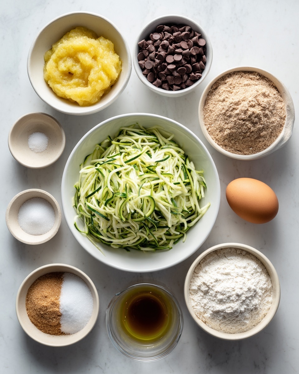 The image shows ten bowls and one whole egg arranged in a flat lay on a white marbled surface. At the center is a white bowl filled with shredded green zucchini with visible dark green skin and pale interior strands. To its left is a white bowl with smooth, bright yellow applesauce. Above it is a small white bowl filled with dark brown chocolate chips. To the right of the zucchini is a beige bowl with light brown whole wheat flour, and next to it on the right is a white bowl with finely ground white flour. Below the zucchini are smaller bowls, including one with packed light brown sugar, a tiny white bowl with white salt, a clear glass bowl with white baking soda, a small clear bowl with brown vanilla extract, and another white bowl containing golden yellow oil. A single brown egg is placed between the chocolate chips and wheat flour. The overall setup is neat and well-organized, with natural light highlighting textures and colors. Photo taken with an iphone --ar 4:5 --v 7