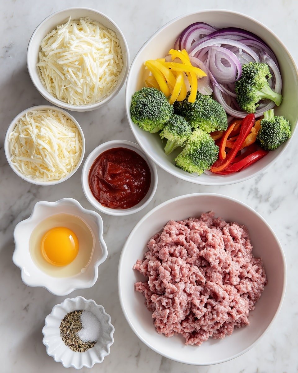 A white bowl in the bottom center holds pink ground meat with a soft texture. Above it to the right is a white bowl filled with bright green broccoli florets, thin yellow and red pepper strips, and sliced purple onions. To the left of the vegetables is a small white bowl with creamy white shredded cheese, and above that is another small white bowl with grated light yellow cheese. Near the top left is a small white bowl containing a raw egg with a shiny yellow yolk and clear white surrounding it. To the right of the meat are two small dishes, one with red tomato sauce with a smooth surface, and next to it, a white scallop-edged bowl contains a mix of light brown and green dried spices. Below that is a small white bowl with coarse white salt. All items are arranged on a white marbled surface photo taken with an iphone --ar 4:5 --v 7