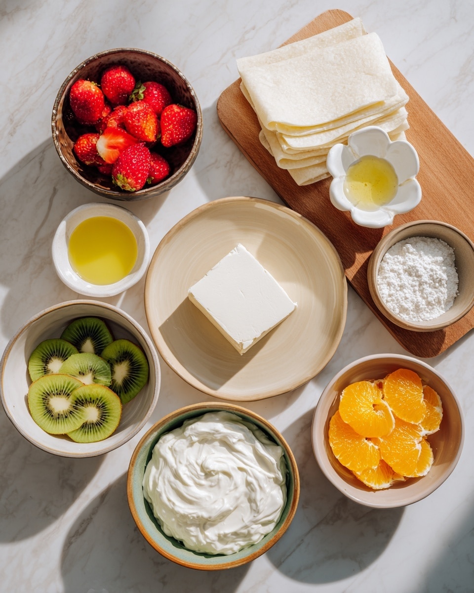 The image shows layers of thin, white pastry sheets stacked on a wooden board at the top right, surrounded by several bowls on a white marbled surface. There is a bowl of bright green kiwi slices with a circular pattern at the bottom left, and next to it, a bowl filled with red, halved strawberries. A bowl of vibrant orange mandarin slices is placed to the right. In the center, next to the pastry, is a pale beige plate holding a rectangular block of smooth white cream cheese. Above it, a small white flower-shaped bowl contains a yellow-orange liquid. To the left of the pastry are bowls with white whipped cream, light creamy sauce, and a small dish of yellow oil next to a container with white powder. The arrangement forms a neat, colorful collection of ingredients on the white marbled surface, captured with natural light. photo taken with an iphone --ar 4:5 --v 7