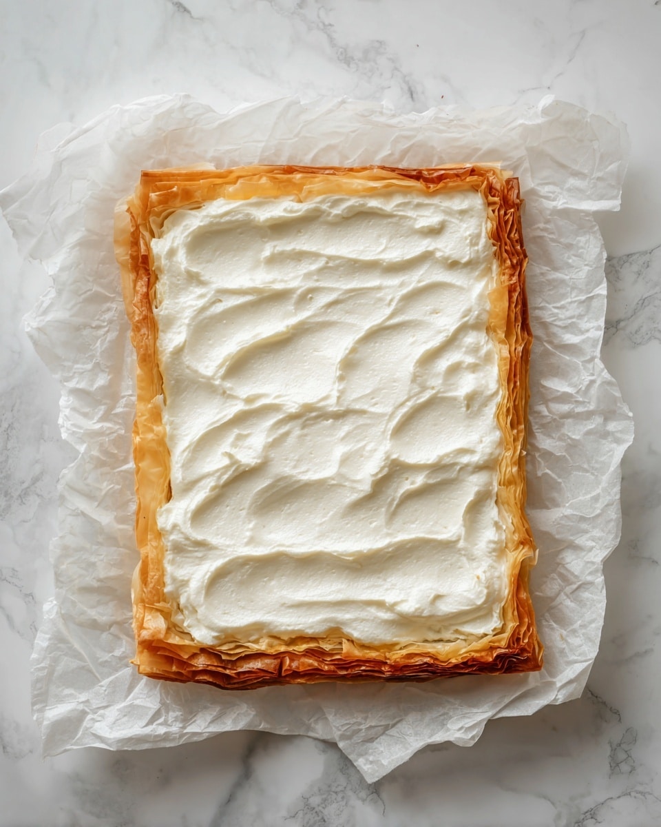 A rectangular stack of thin, golden-brown phyllo pastry sheets forms the base layer with flaky and slightly crisp edges visible around the sides. On top of this stack, a thick, even layer of smooth, white cream cheese spread covers most of the surface, extending close to the edges but leaving a small border of the pastry visible. The texture of the cream cheese is soft and creamy with slight swirls and peaks. The dish is placed on crinkled white parchment paper over a white marbled surface. Photo taken with an iphone --ar 4:5 --v 7