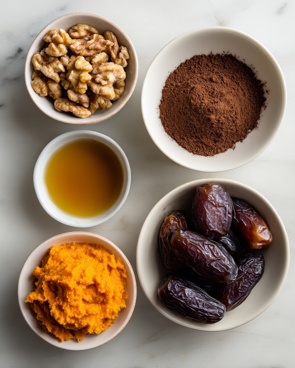 Five small white bowls are arranged on a white marbled surface, each containing different ingredients. The top left bowl holds whole light brown walnuts with rough texture, the top right bowl contains fine, dark brown cocoa powder with a slightly uneven surface. In the center right bowl, there are several whole dates, dark brown and shiny with wrinkled skin. Below and to the left, a small bowl holds a translucent amber-colored liquid, smooth and shiny. The bottom bowl contains a scoop of bright orange mashed ingredient with a soft, slightly coarse texture. photo taken with an iphone --ar 4:5 --v 7