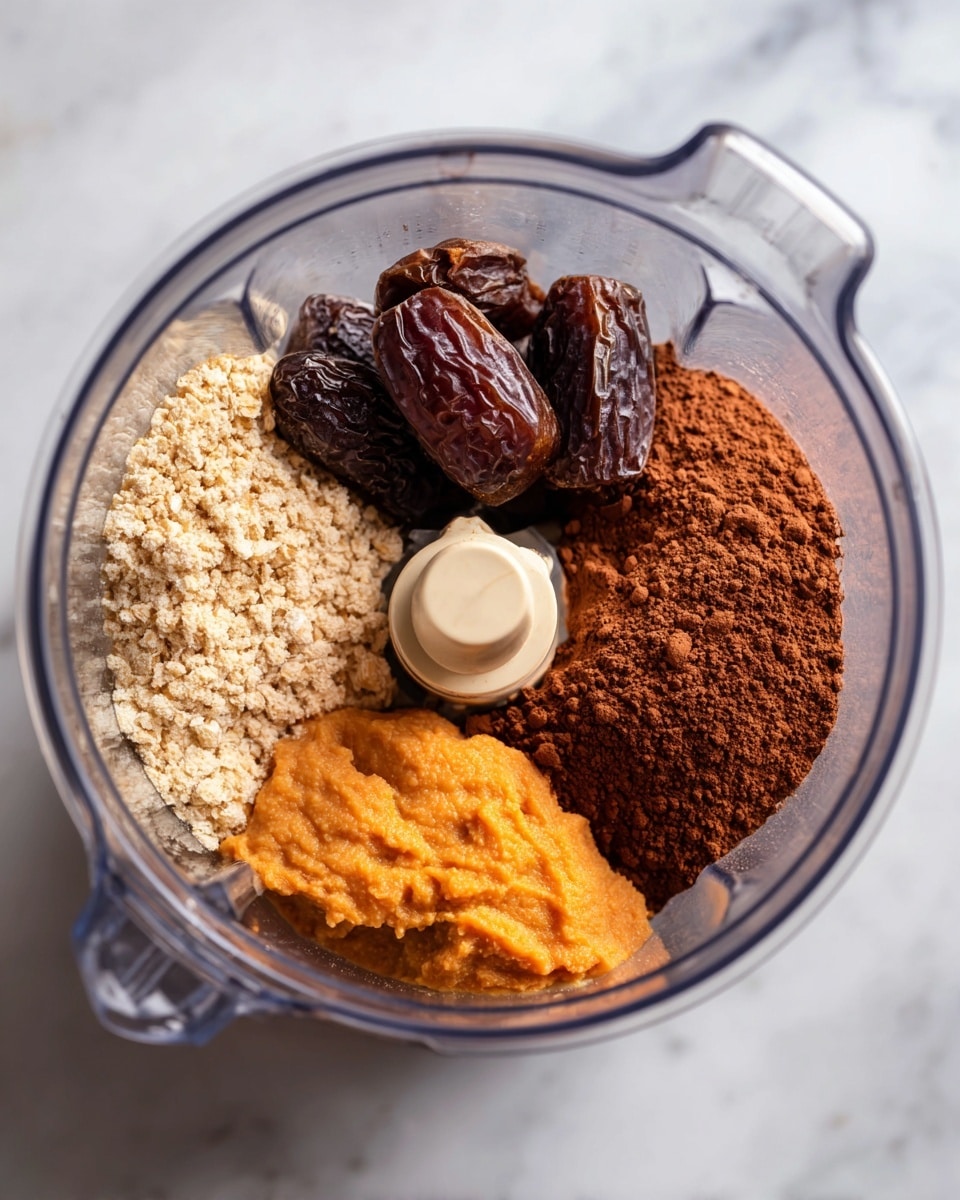 Inside a clear blender bowl, there are four different ingredients placed in separate sections. One section has light beige small crumbly pieces, likely ground nuts or oats. Another section shows several dark brown, shiny dried dates with a wrinkled texture. A third section contains bright orange thick puree showing a smooth but slightly grainy texture. The last section has a mound of fine, dark brown powder, possibly cocoa. The bowl is placed on a white marbled surface, and the blender blade is visible in the center. photo taken with an iphone --ar 4:5 --v 7