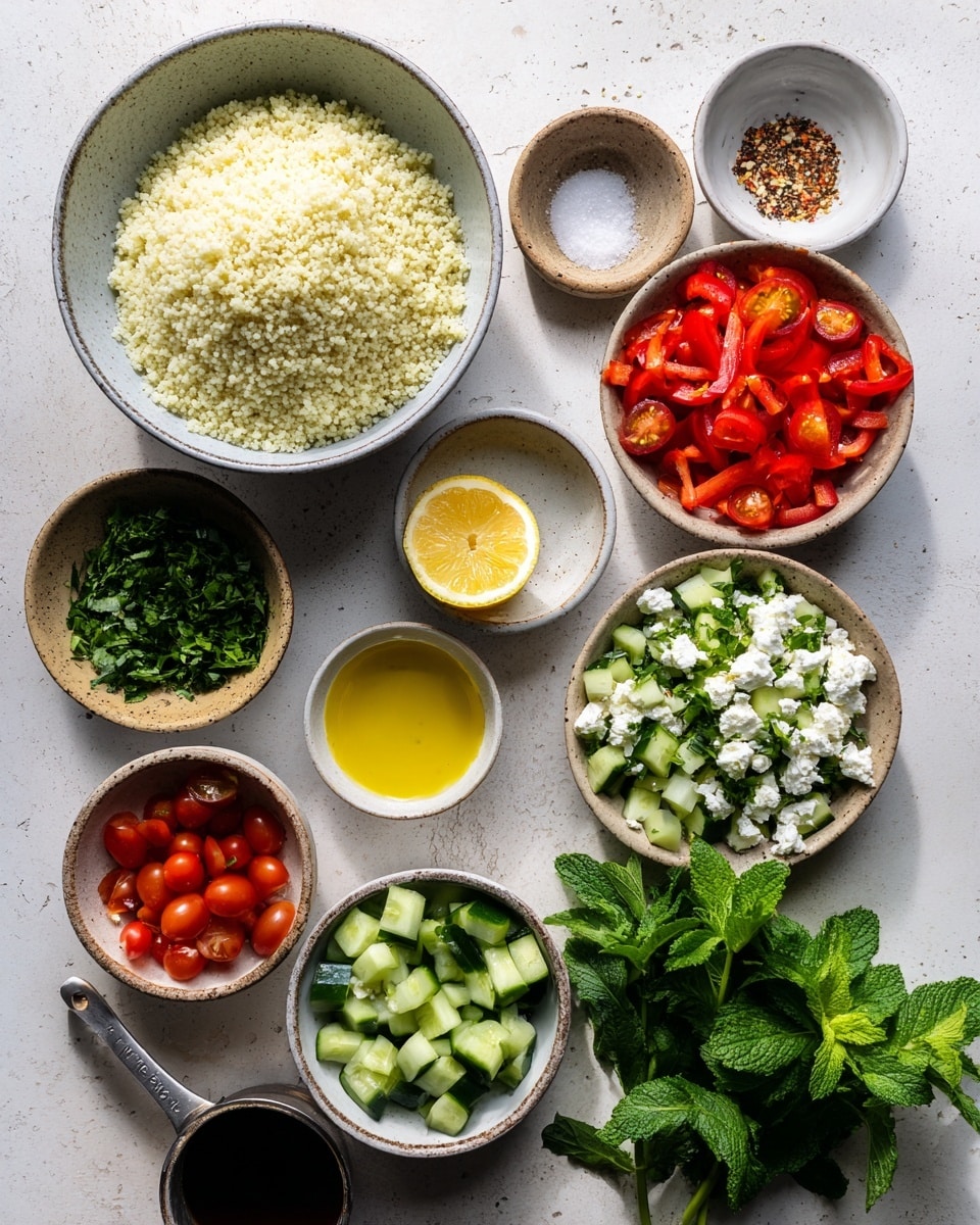 The image shows a white bowl filled with five sections of ingredients arranged side by side: pale yellow grain (couscous) on the top right, bright red cherry tomato halves on the top left, chopped red bell pepper below the tomatoes, chopped green cucumber beside it, white crumbled cheese near the cucumber, and chopped green herbs next to the cheese. A woman's hand is pouring a golden yellow dressing from a glass jar onto the bowl. The bowl sits on a white marbled surface with a white cloth nearby. The image is bright and clean. Photo taken with an iphone --ar 4:5 --v 7