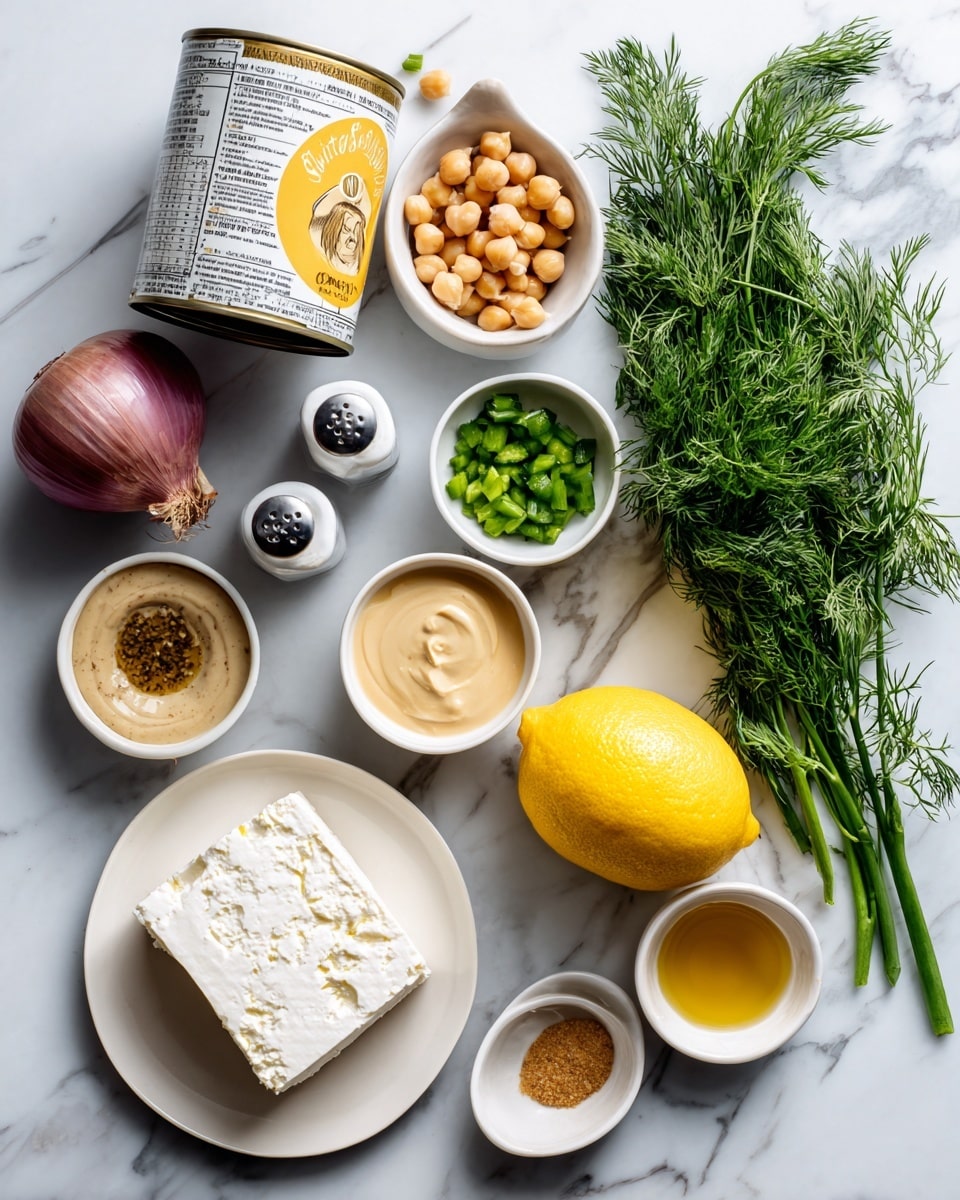 The image shows several fresh ingredients arranged neatly on a white marbled surface. There is a bunch of green leafy dill on the right side, a whole yellow lemon below it, and a small purple onion on the left side. Near the center, there is an opened can of chickpeas with a mostly white label, a white plate holding a white block of feta cheese in the bottom left corner, and small white bowls filled with varied contents: one bowl with green chopped peppers, one with a creamy beige sauce, one with golden honey-like liquid, one with olive oil, and a small one with a tan paste. Salt and pepper shakers are also visible near the top center. photo taken with an iphone --ar 4:5 --v 7