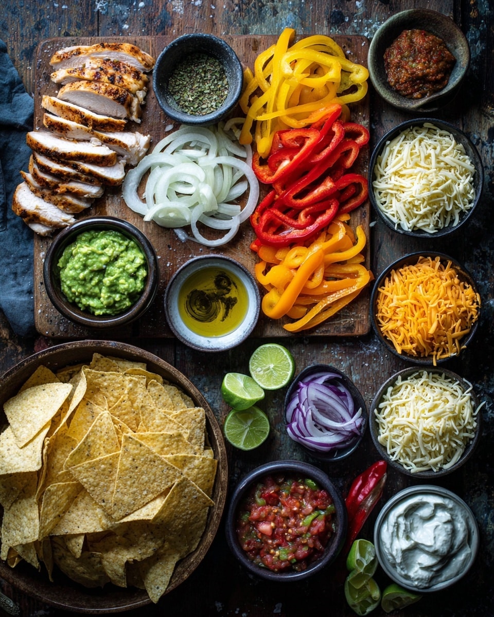 A large white rectangular baking sheet holds a layered dish of nachos. The bottom layer is light yellow tortilla chips spread evenly. On top, there is melted white cheese visible in patches. The top layer is a mix of cooked chicken slices, orange, red, and green bell pepper strips, and browned onion strips scattered over the whole surface. Around the baking sheet, the white marbled surface holds a bowl of chunky red salsa with a spoon, a bowl of green guacamole with a black spoon, lime wedges, and a bowl of thick white sour cream with a black spoon. Photo taken with an iphone --ar 4:5 --v 7
