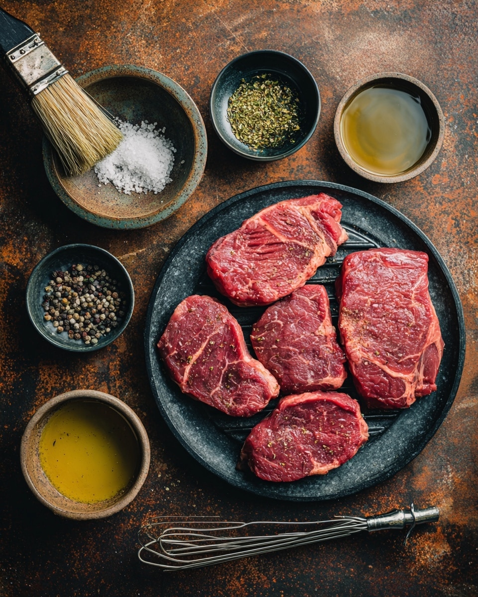 The image shows three side-by-side close-up shots. The first is a silver spoon filled with thick brown sauce with visible herbs flowing over a bowl of the same sauce on a white marbled background. The second image shows two raw red meat slices in a rectangular glass dish filled with the brown sauce, topped with a sprig of fresh green rosemary, also on a white marbled background. The third image shows several grilled brown meat strips with char marks cooking on a barbecue grill with dark metal grates. photo taken with an iphone --ar 4:5 --v 7