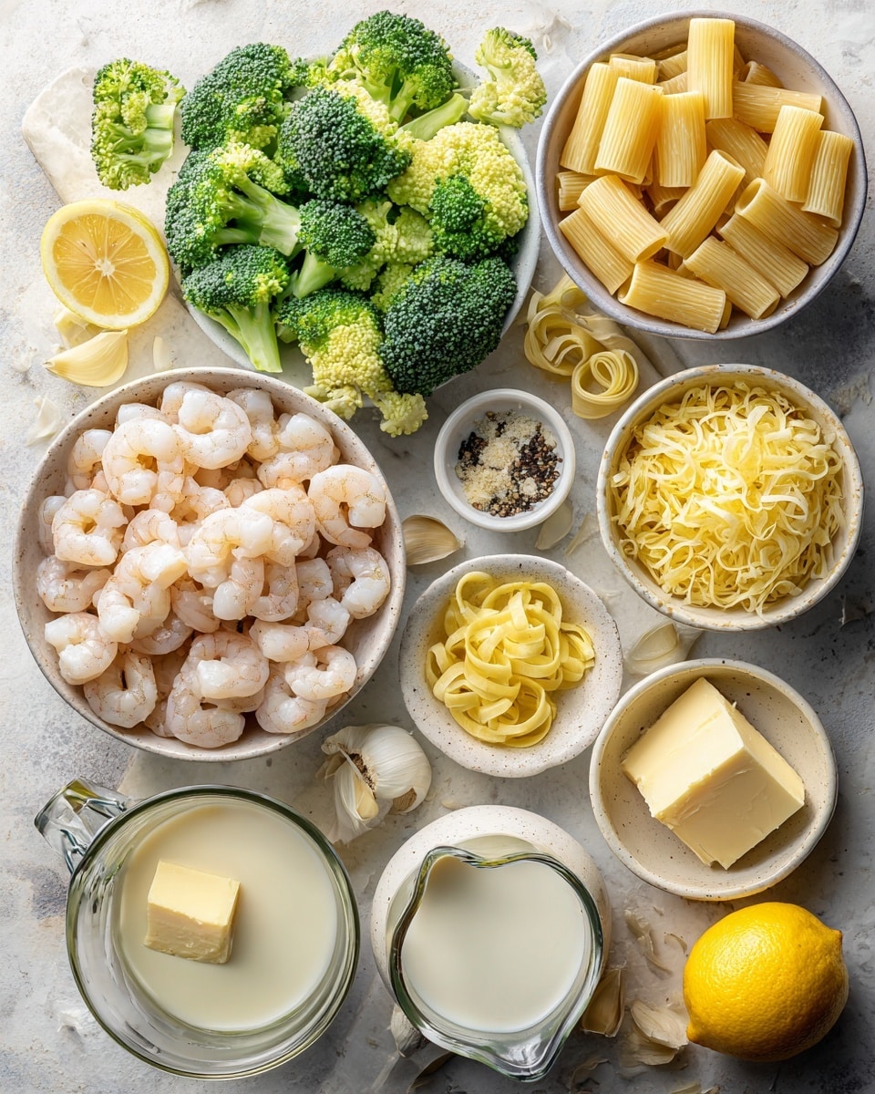 A white bowl filled with a pasta dish that has three main layers: large tubular light yellow pasta pieces at the bottom, bright green broccoli florets scattered evenly above the pasta, and several plump pink shrimp placed on top of the broccoli and pasta. Small thin strips of lemon zest and light yellow cheese flakes add texture and color, sprinkled lightly across the dish. The bowl sits on a white marbled surface with a striped napkin and silver fork and knife to the left, a glass of water with lemon to the right, and a small white plate holding lemon wedges in the upper left corner. A few garlic cloves are scattered near the bowl. photo taken with an iphone --ar 4:5 --v 7