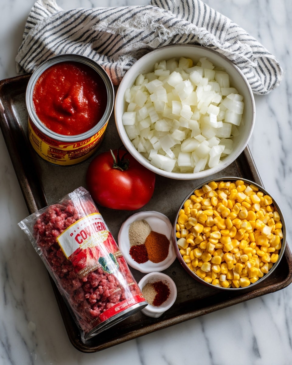 A white round pot with purple handles is filled with a rich, thick red chili sauce mixed with yellow corn kernels and small pieces of cooked meat. The sauce has a chunky texture with bits of green herbs sprinkled on top. A wooden spoon is stirring the chili, held by a woman's hand at the bottom right of the image. The pot sits on a white marbled surface with a white and blue striped cloth beside it. Photo taken with an iphone --ar 4:5 --v 7