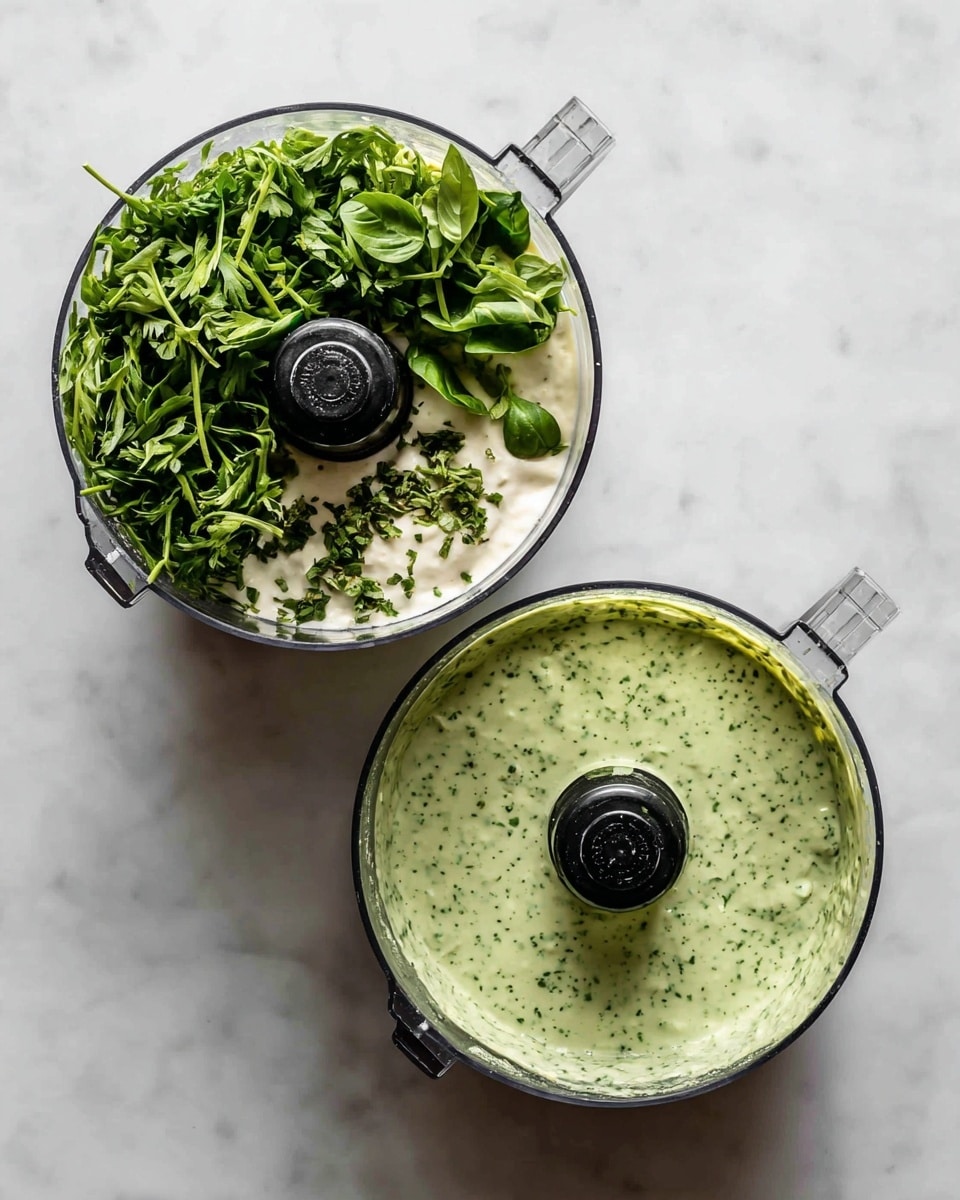 The image shows two round clear food processor bowls on a white marbled surface. The left bowl is filled with many fresh green herbs like parsley and basil on top of a white creamy base, with a visible black blade in the middle. The right bowl shows the same mixture blended into a smooth light green sauce with tiny herb specks evenly spread, also centered around the black blade. Photo taken with an iphone --ar 4:5 --v 7